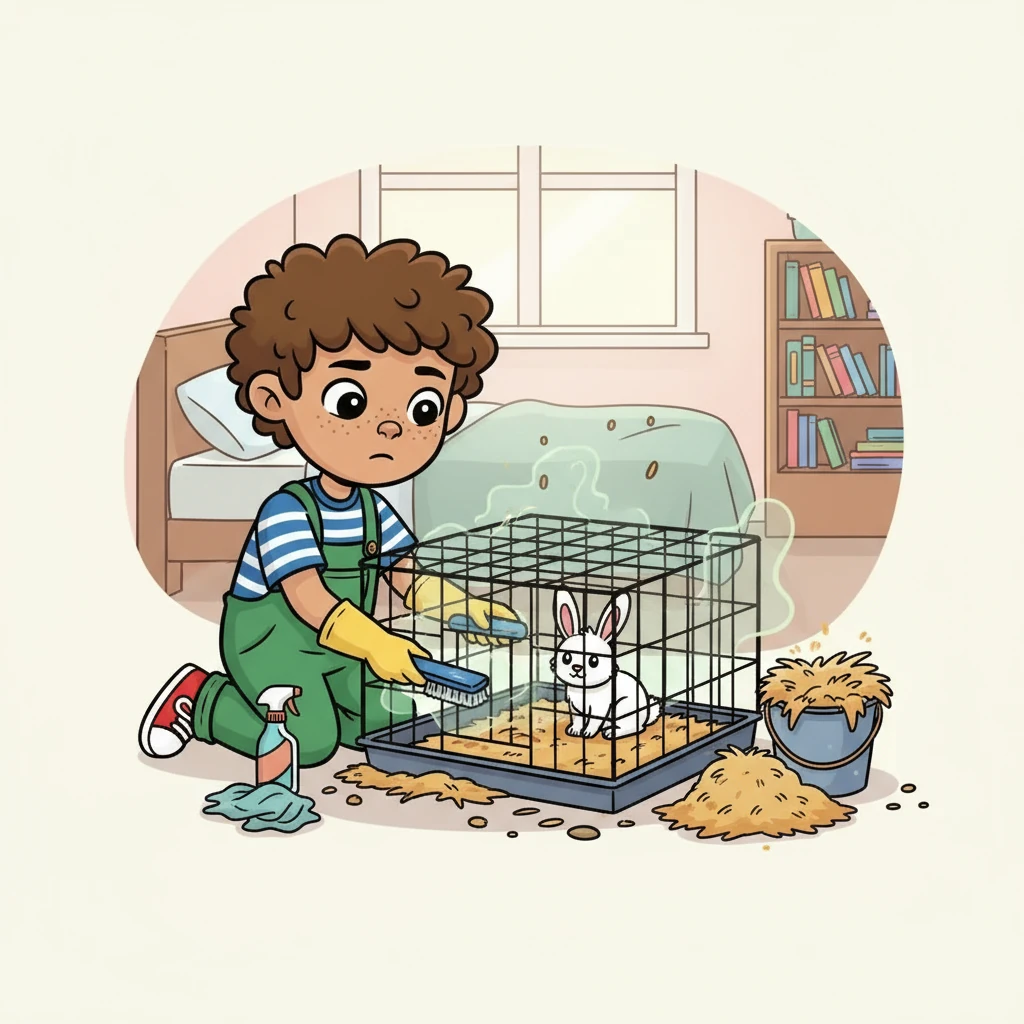One day, Barnaby forgot to clean Button's cage. The next day, the room smelled. Barnaby felt terrible. He apologized to Button and immediately got to work, scrubbing and cleaning.