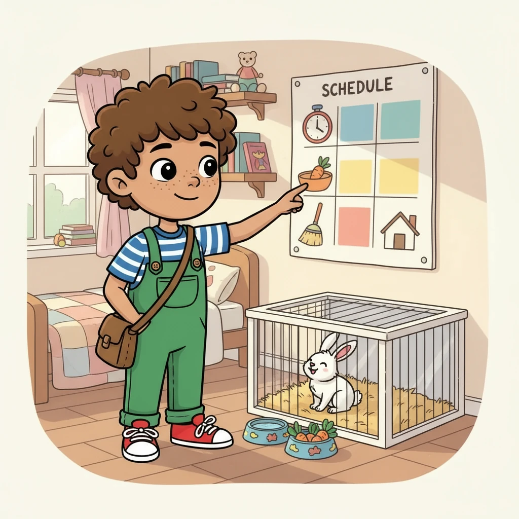 Barnaby learned that caring for Button wasn't just fun, it was also work. He made a schedule to ensure Button was always fed, watered, and had a clean home. Button seemed to appreciate the effort.