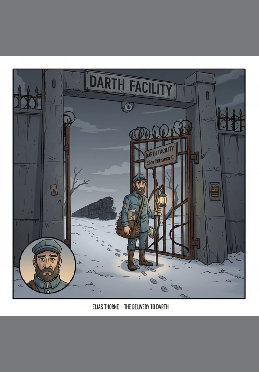 The D7 warehouse stands like a rusted iron giant against the midnight sky, its windows dark except for the flickering amber glow of the sorting room. Elias Thorne, the weary postman, trudges through the side entrance, a heavy leather bag on one shoulder and a clinking brown bottle in his coat pocket.