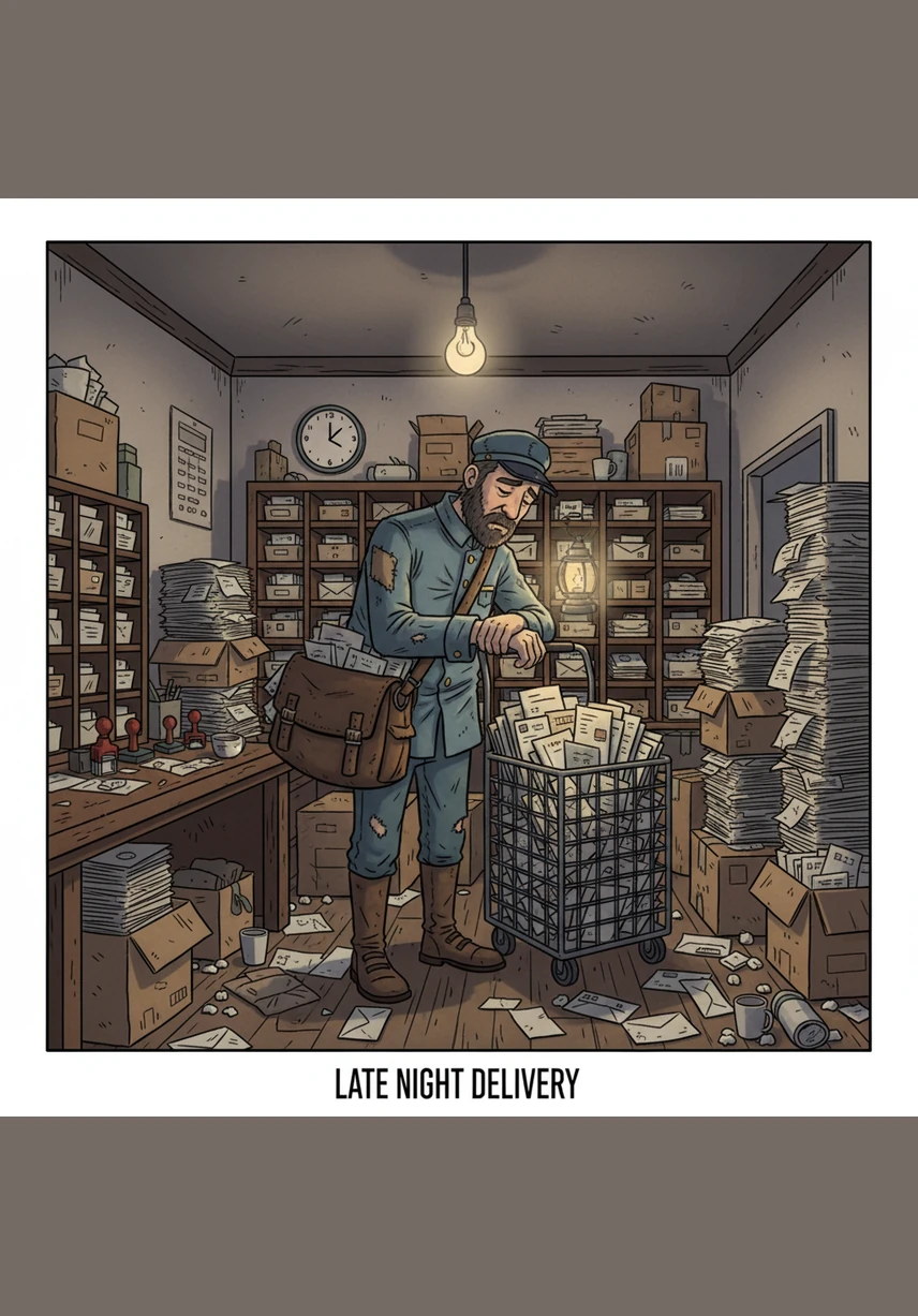 Inside the cramped post room, Dave, Matt, and Ian huddle around a makeshift table of stacked crates, their faces pale under the buzzing fluorescent lights. They are the only souls left on the night shift, exhausted and looking for any distraction from the crushing silence of the industrial district.