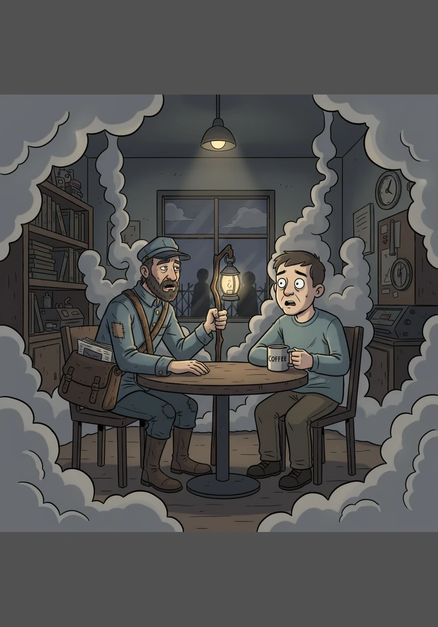The air grows thick with smoke and secrets as Elias begins to recount the unsettling events from the street over, where the workers at the chemical plant supposedly vanished one by one. He speaks in a low rasp, describing shadows that moved independently of the men who cast them, making Dave’s hand shake as he takes a swig.