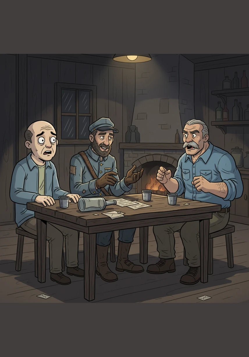 As the bottle empties, the stories turn inward, with Elias mentioning specific details about Dave’s family and Ian’s debts that he shouldn't possibly know. The camaraderie shifts into a cold, prickly fear as the postman reveals he’s been reading more than just the addresses on the envelopes passing through his hands.