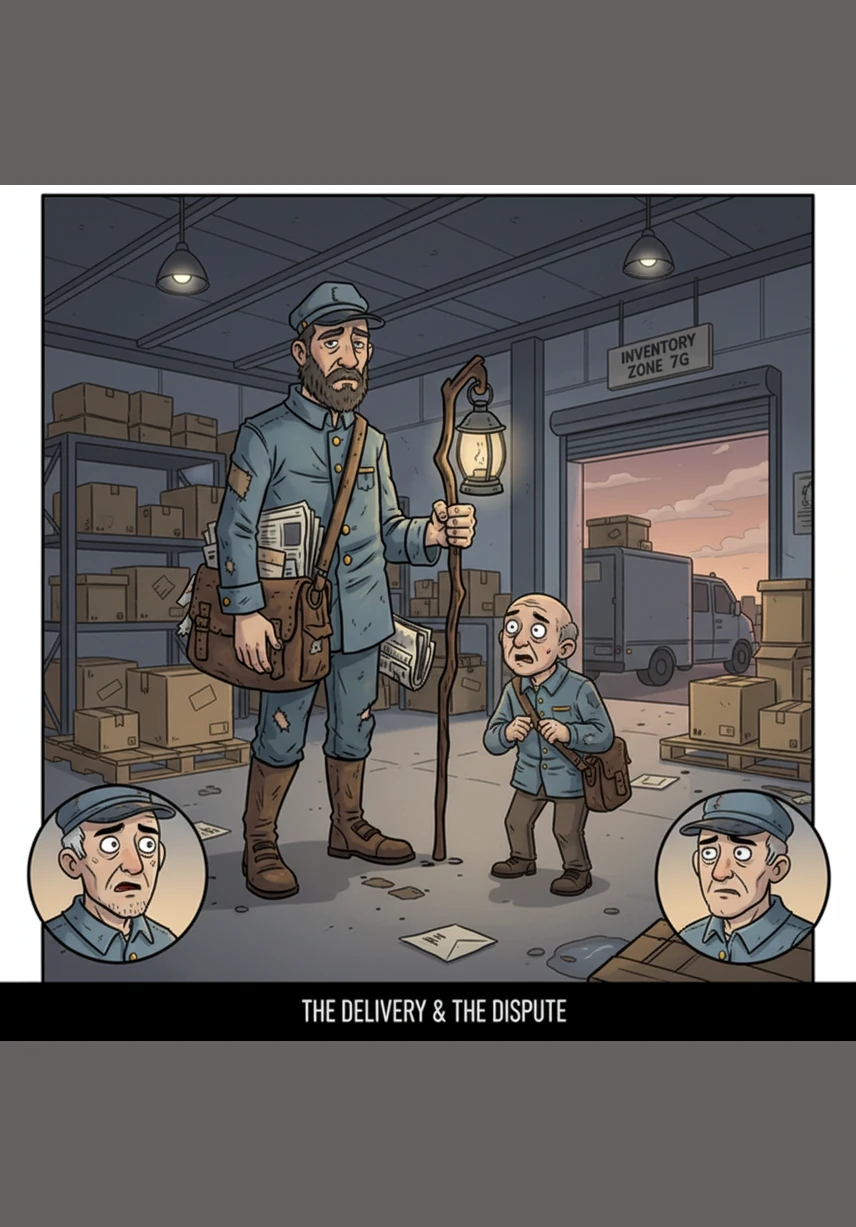 A sudden, rhythmic thudding echoes from the loading bay, causing the four men to freeze in a terrifying silence. Elias doesn't flinch, instead he watches the door with a predatory patience, his silhouette cast long and jagged against the wall of undelivered mail.