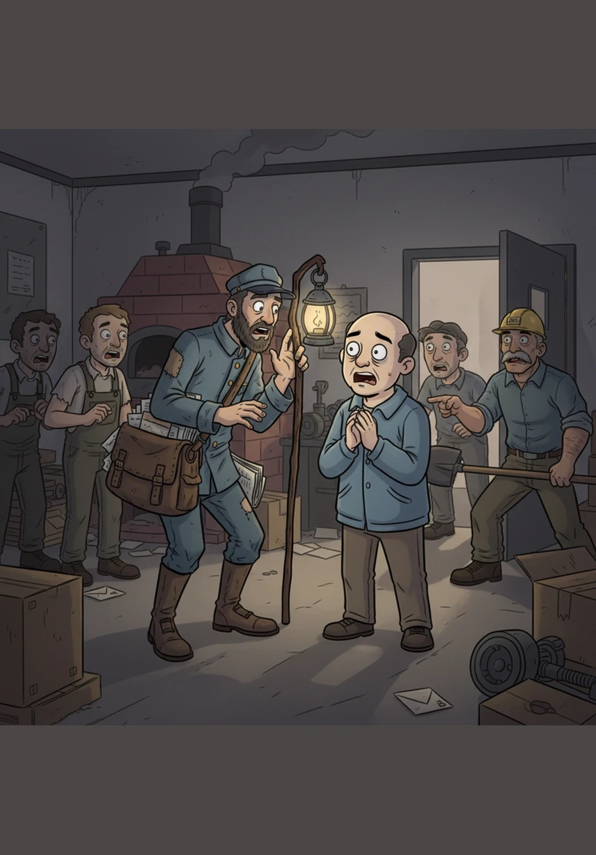 Elias whispers that the manager, Dr. G. Grill, didn't actually go on holiday to the coast, but was seen lurking near the incinerators just two nights ago. The workers exchange panicked glances, realizing they are trapped in a room full of evidence of their negligence and the postman’s madness.