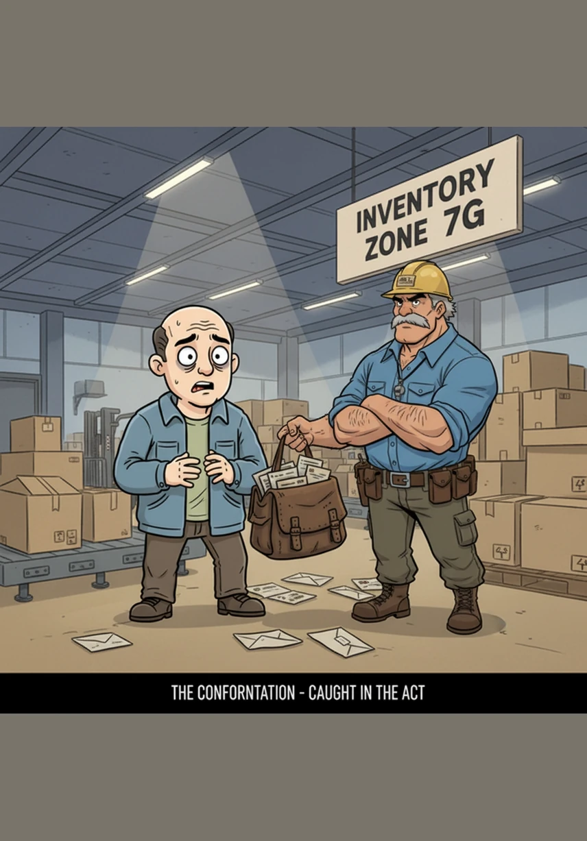 The heavy industrial door bursts open with a violent crash, flooding the dim room with the harsh, unforgiving light of the hallway. Dr. G. Grill stands in the threshold, his face contorted in a mask of silent, simmering fury, his eyes fixed on the half-empty bottles and the terrified men.