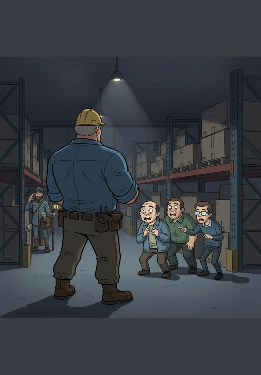 The manager steps forward, his shadow looming over the group like a dark god returning to a ruined temple to demand an accounting. Elias tips his hat and slips into the darkness of the stacks, leaving Dave, Matt, and Ian to face the wrath of a man who was never supposed to be back so soon.