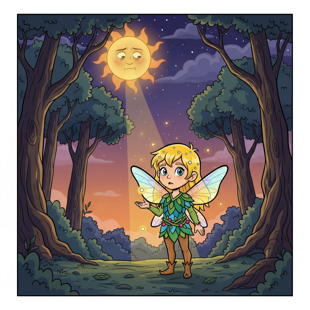 Um dia, o sol, exausto de sua longa jornada, começou a perder sua força. O mundo começou a escurecer, e o medo tomou conta de Lumina. A última luz do sol, antes de desaparecer, chamou Faísca para uma missão.