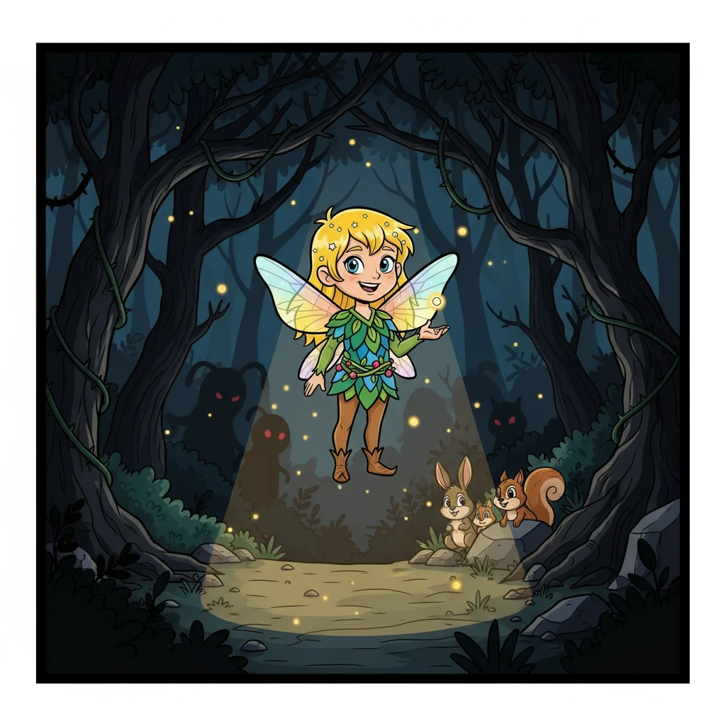 Faísca partiu em uma aventura perigosa, enfrentando a escuridão e criaturas sombrias. Ele usou sua luz para iluminar o caminho e inspirar aqueles que encontrava, mostrando que a esperança ainda existia.