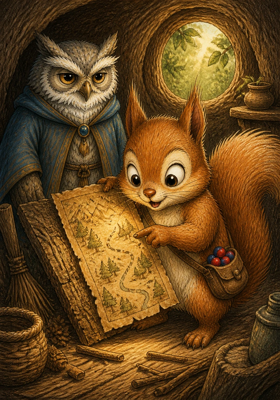 Sammy the squirrel was tidying his cozy hollow when he stumbled upon a crinkled, golden parchment hidden behind a loose piece of bark. His eyes widened as he traced the ink lines depicting a trail through the heart of the Emerald Woods.