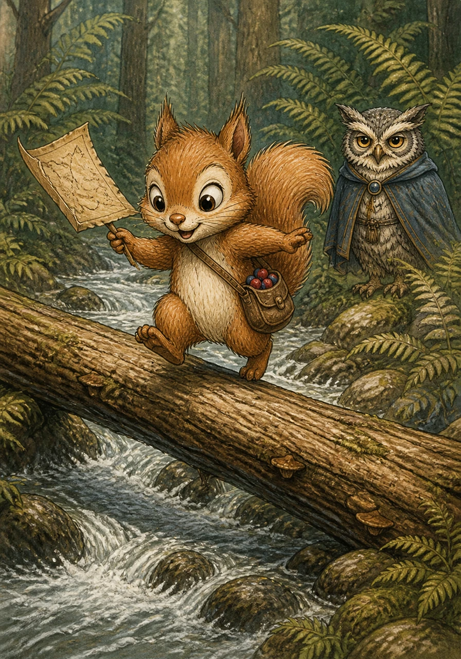 With a tiny satchel of berries slung over his shoulder, Sammy hopped bravely onto a fallen log to cross the rushing stream. The map fluttered in the breeze, pointing him toward the shadows of the ancient, whispering ferns.