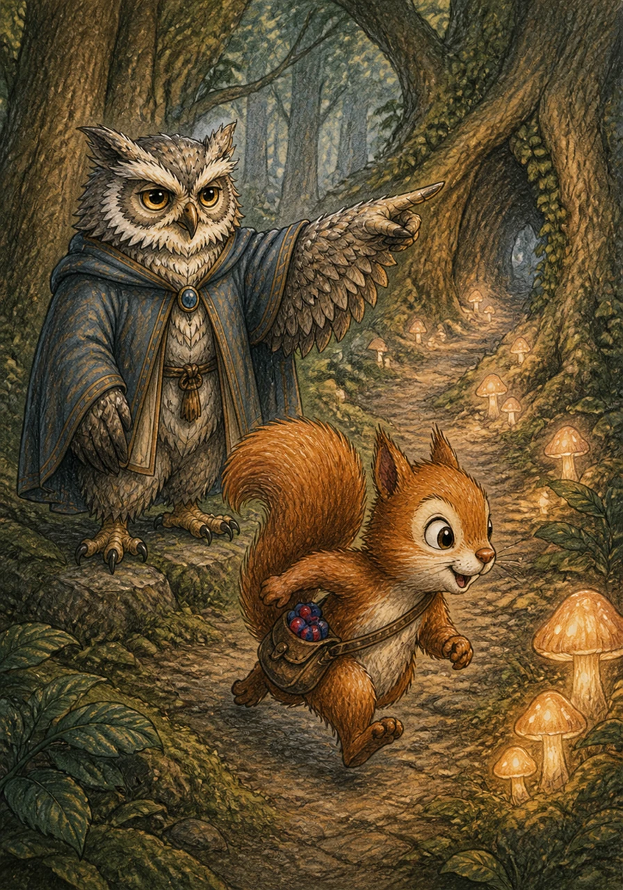 Deep in the forest, Sammy encountered a wise old owl who pointed a feathered wing toward a hidden path lined with glowing mushrooms. The little squirrel scurried forward, his heart thumping with excitement as the landmarks on the map began to appear one by one.