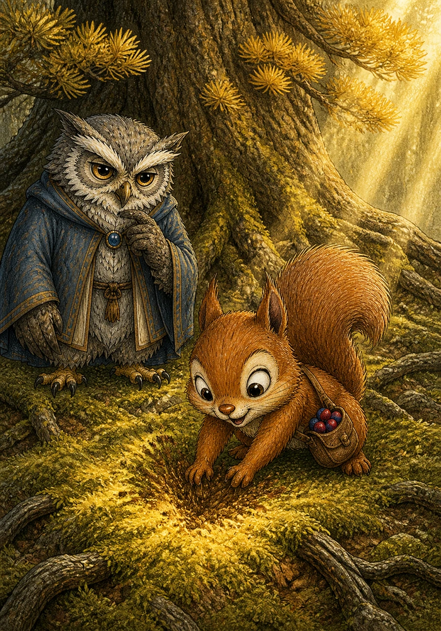 At the foot of the Great Golden Pine, the sun’s rays illuminated a patch of soft moss exactly where the map's X was marked. Sammy used his tiny paws to dig eagerly, wondering what sparkling riches might be buried beneath the roots.