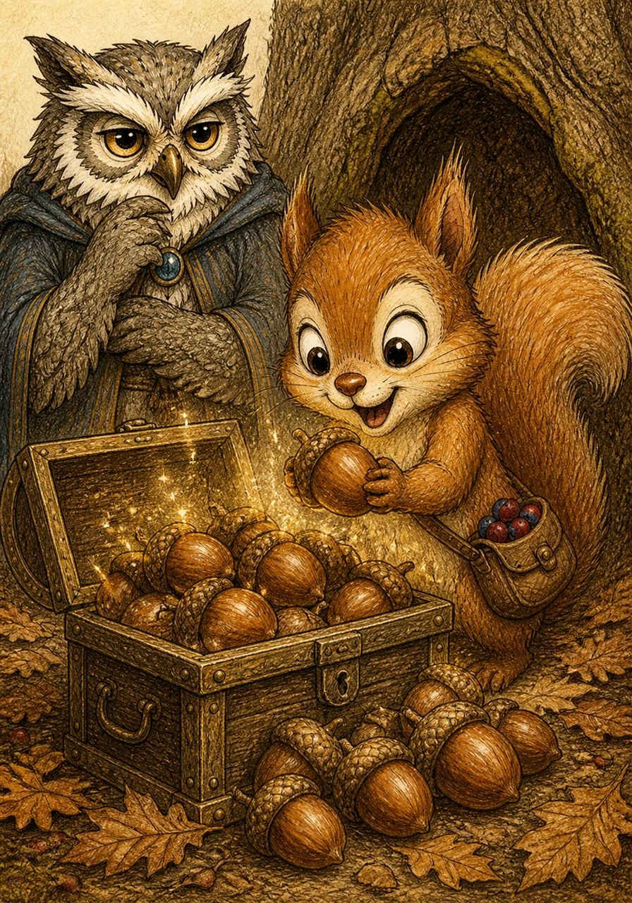 To his delight, Sammy found a chest filled not with gold, but with the largest, sweetest-smelling winter acorns he had ever seen. He realized that this magical harvest was the greatest treasure of all, ensuring his family would be happy and full all winter long.