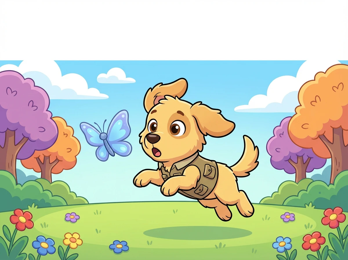 Barnaby was no ordinary puppy; he was a golden explorer with a nose for mystery. One sunny morning, he spotted a shimmering blue butterfly at the edge of the Whispering Woods.