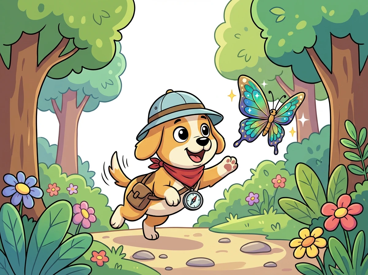 The butterfly flitted just out of Barnaby's reach, its wings sparkling like tiny jewels. Barnaby, his tail wagging furiously, decided to follow it into the woods.