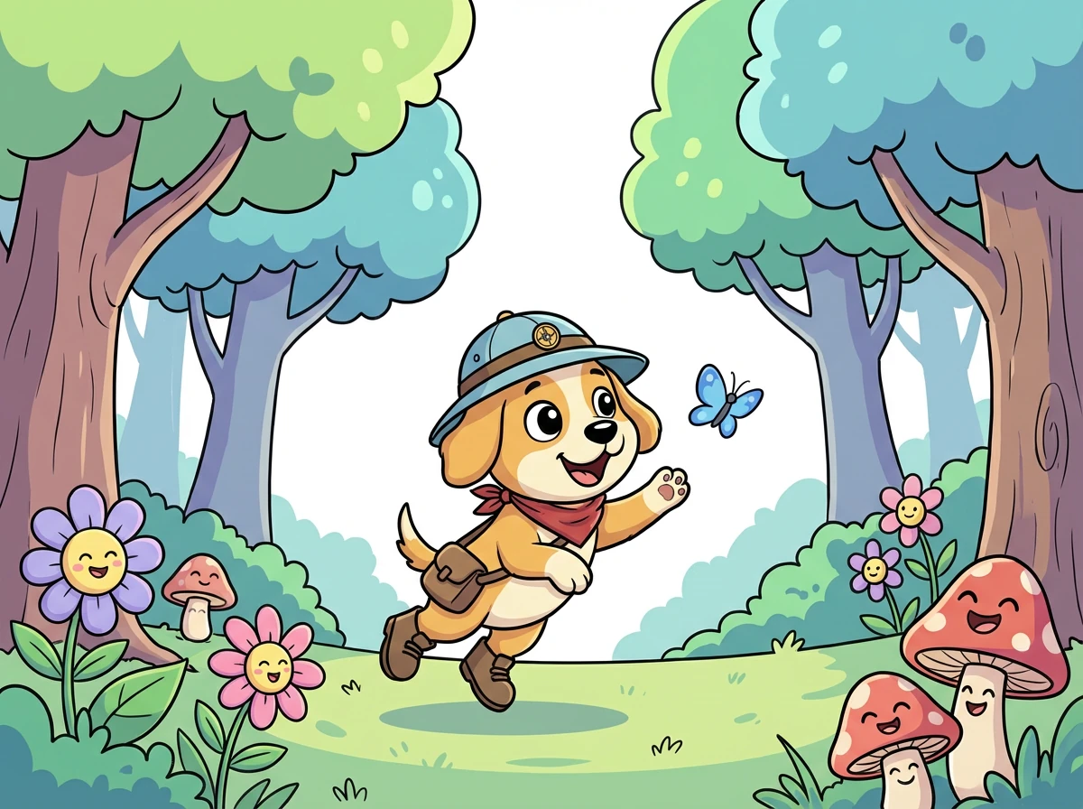 Deeper into the woods Barnaby ventured, the trees growing taller and the shadows longer. He chased the butterfly past whispering flowers and giggling mushrooms.