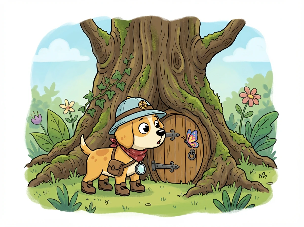 Suddenly, the butterfly landed on a hidden door built into the base of an ancient oak tree. Barnaby, surprised, sniffed at the mysterious door.