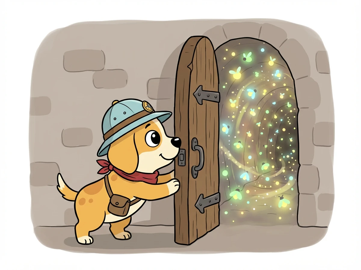 With a gentle nudge of his nose, Barnaby pushed the door open, revealing a secret tunnel filled with glowing fireflies.