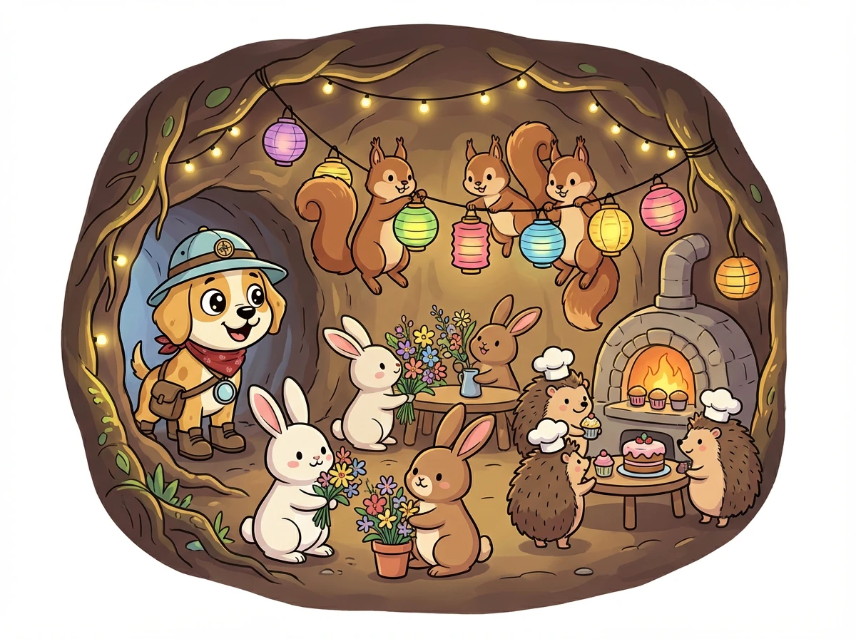 Inside the tunnel, Barnaby discovered a community of woodland creatures preparing for a grand celebration. Squirrels hung lanterns, rabbits arranged flowers, and hedgehogs baked tiny cakes.