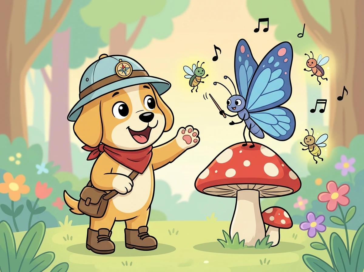 The blue butterfly, now perched on a mushroom, revealed itself to be the conductor of the celebration. She welcomed Barnaby and asked him to join the fun.