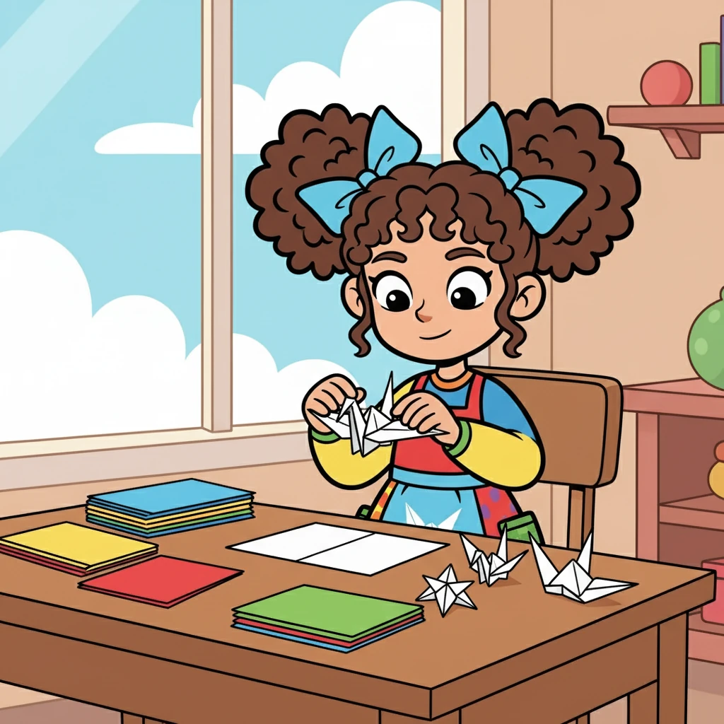 Anya, a girl with bright eyes and a passion for origami, sat at her desk, surrounded by colorful paper. She loved the way a flat sheet could transform into a bird, a boat, or a star. Today, she was determined to master a complex origami crane, a symbol of hope and happiness.