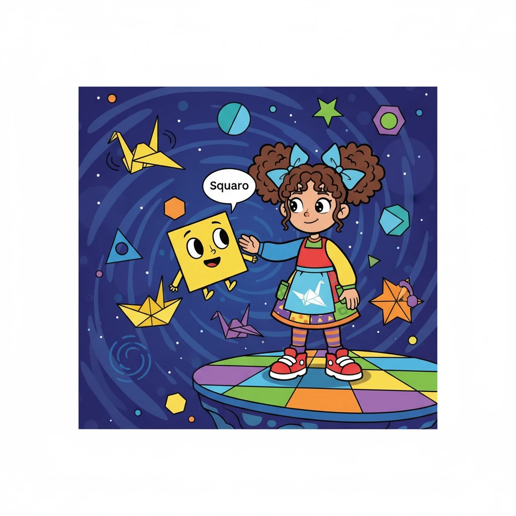 Before her lay the Geometric Galaxy, a place where shapes danced and angles twirled. A friendly, talking square, named Squaro, greeted Anya, explaining that she had been chosen to explore this world and learn its secrets through origami.