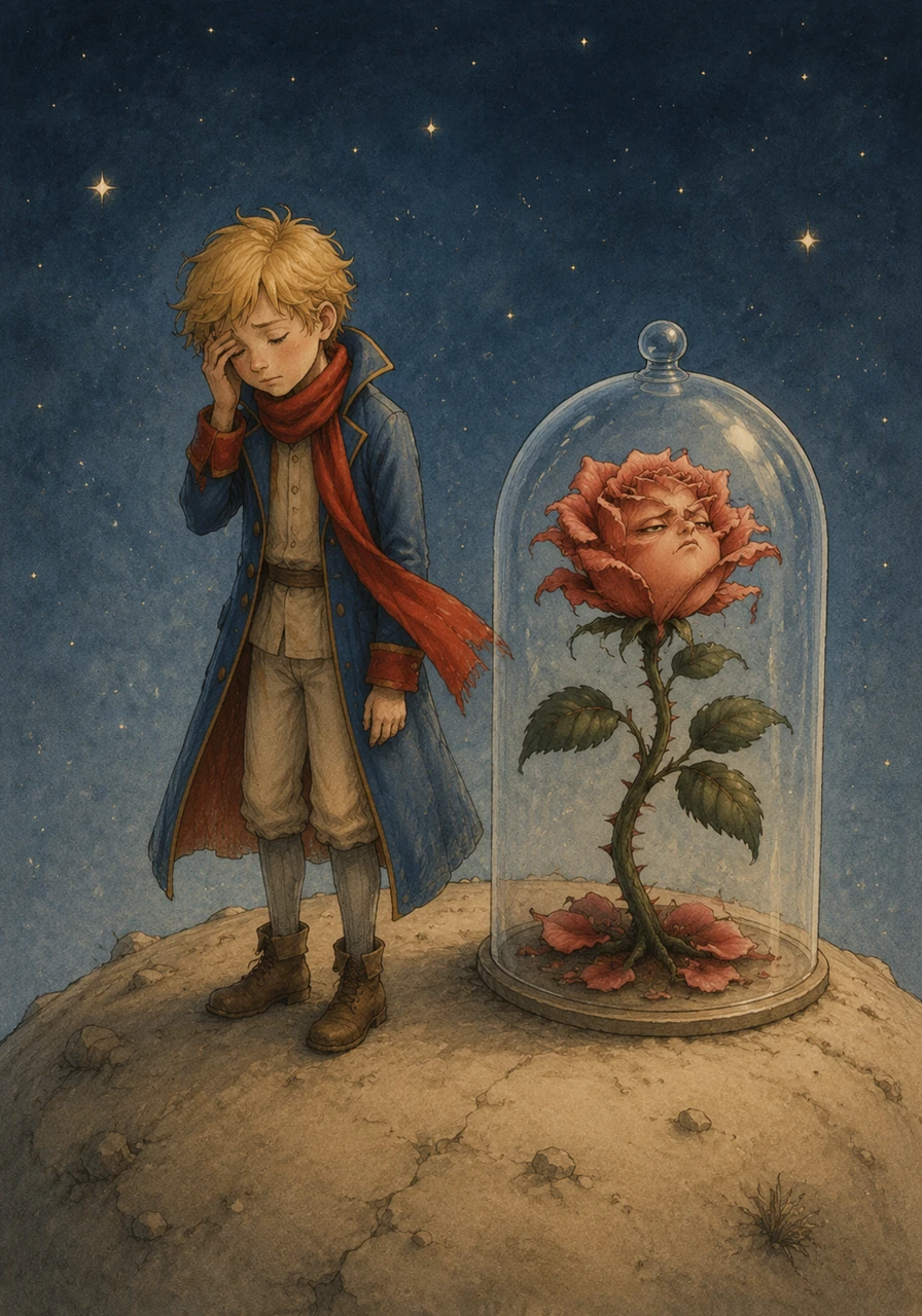 One day, a beautiful and mysterious Rose blossoms on the planet, capturing the Little Prince's heart with her elegance. However, she proves to be proud and demanding, constantly needing glass globes and screens to protect her from the wind until her vanity completely exhausts him.