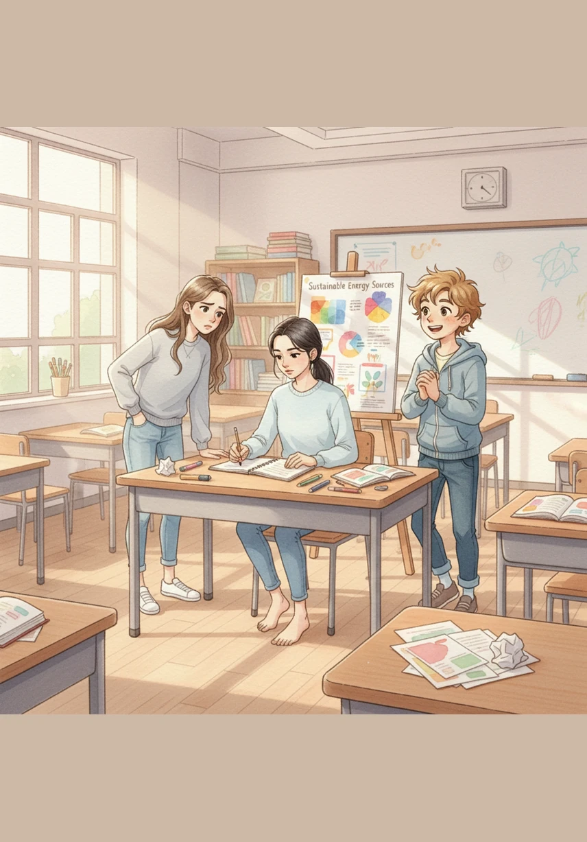 Ari, Bruno, and Luna gather in their sunlit classroom to start their group project. Ari meticulously checks her neat notebook while Bruno fidgets with excitement and Luna tilts her head, looking at a large poster with a puzzled expression.