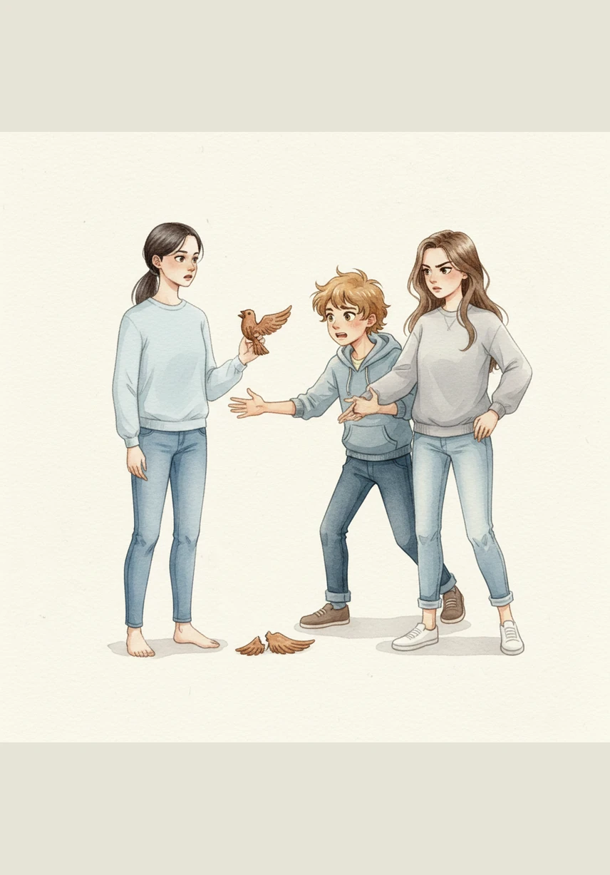 The air crackles with energy as Bruno waves his hands, pitching a wild and creative idea for their presentation. Ari stays focused on her structured plan, her pen hovering over her notebook as a small frown of frustration appears on her face.