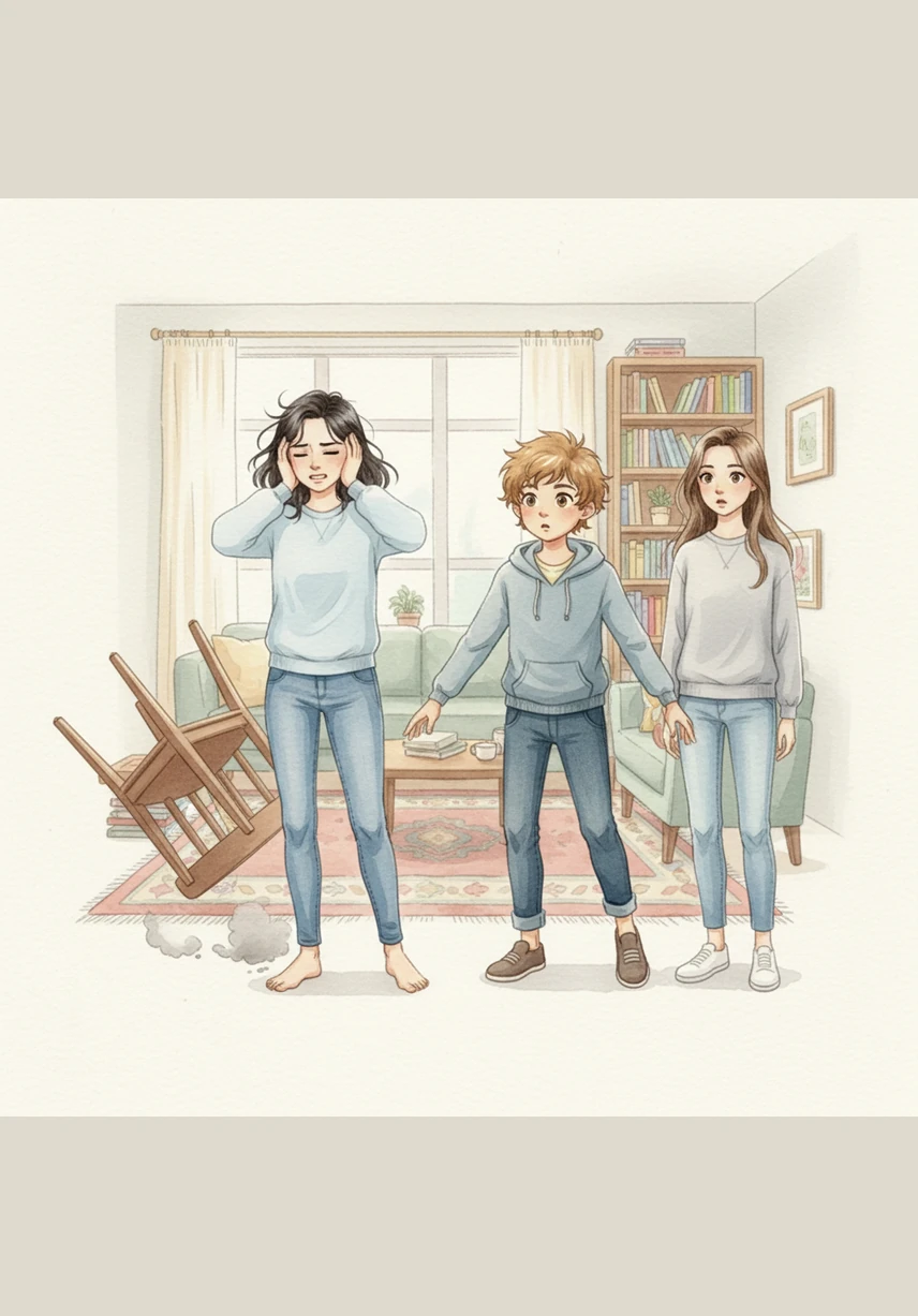 A loud crash echoes through the room as a chair tips over, making Ari instinctively cover her ears to block out the jarring noise. Bruno and Luna freeze in surprise, their eyes wide as they realize how much the sudden sound affected their friend.