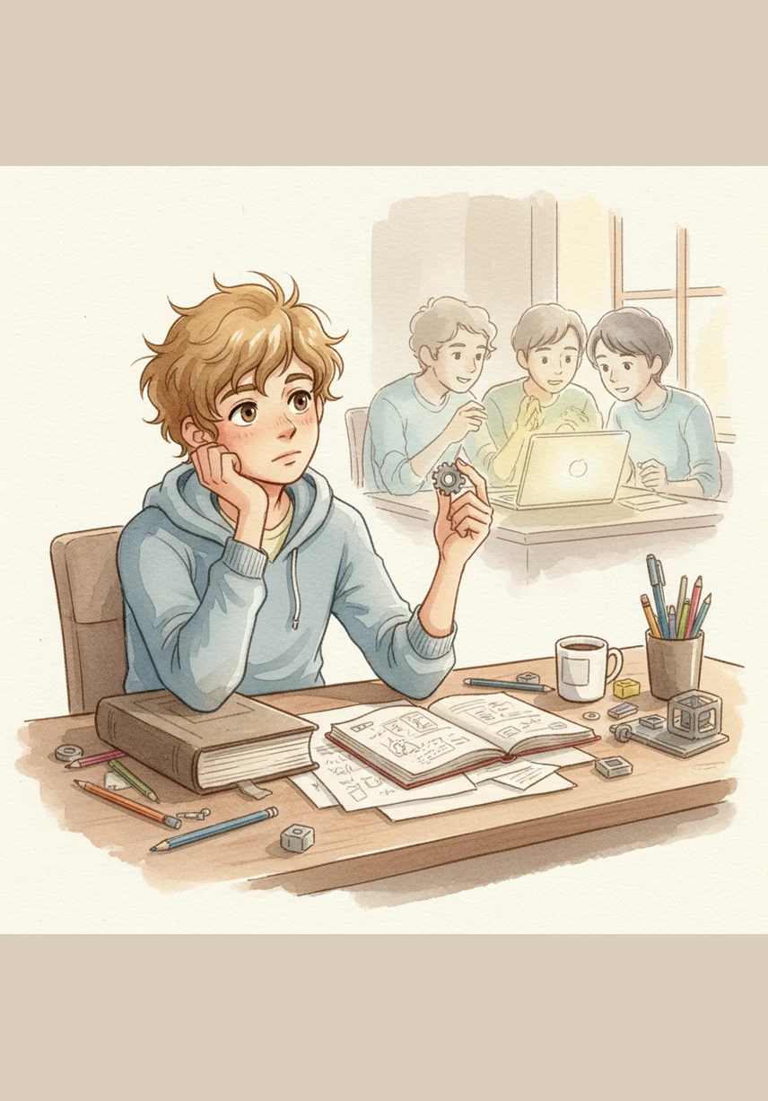 While the group tries to focus, Bruno finds his gaze drifting toward the window, watching the clouds pass by as his thoughts wander. His desk is cluttered with half-finished sketches, showing the struggle of keeping his vibrant mind on a single task.