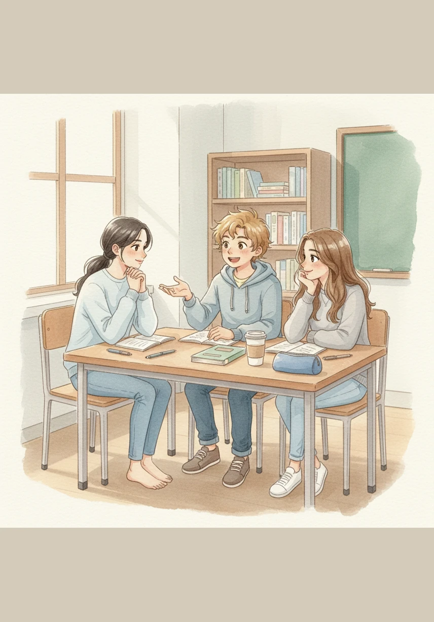 The three friends sit together in a quiet corner of the classroom, talking softly about how they each see the world differently. Ari explains her need for order, Bruno shares his bursts of energy, and Luna talks about her visual way of thinking, building a bridge of empathy between them.