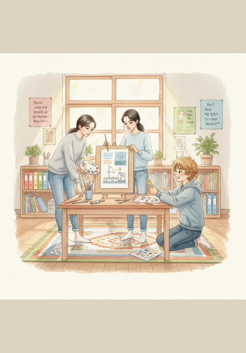 The classroom becomes a hub of harmonious activity as the team finally finds their rhythm. Ari organizes the schedule, Bruno pours his creative energy into the core concepts, and Luna transforms their ideas into beautiful, easy-to-understand illustrations.
