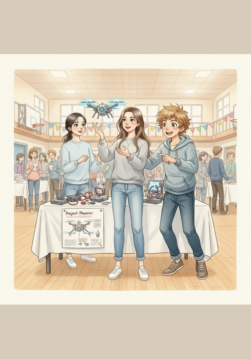 The school gym is buzzing with excitement during the project fair as the trio stands proudly behind their vibrant display. They speak with confidence to their classmates, their diverse styles blending perfectly into a presentation that captures everyone's attention.