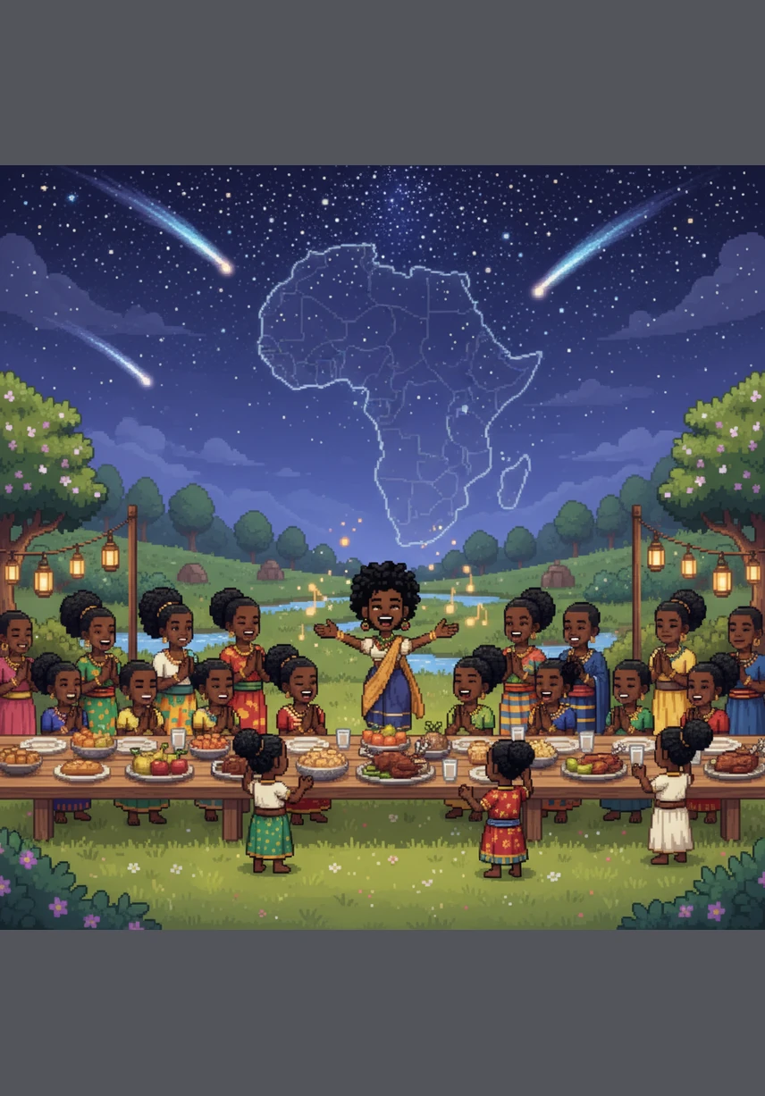 Under a vast canopy of shimmering stars, all the nations gather as one great family to share a feast of peace and abundance. Tinashe leads them in a final, soaring song of unity, knowing that their combined faith and joy have made the land a true paradise on Earth.