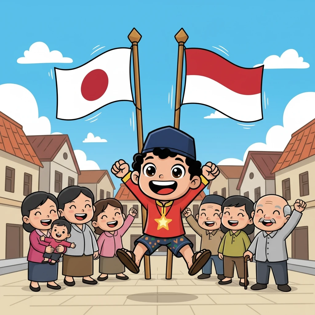 Bendera Jepang berkibar megah berdampingan dengan Merah Putih di alun-alun kota. Joko dan warga lainnya bersorak, percaya bahwa Jepang adalah 'Saudara Tua' yang akan membawa kemerdekaan. Senyum menghiasi wajah mereka, penuh harapan.