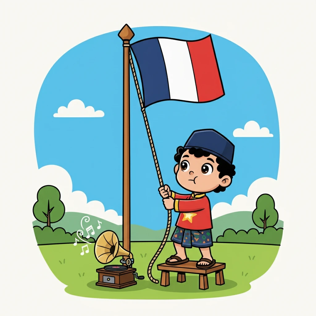 Joko membantu mengibarkan bendera tiga warna, simbol persatuan dan kerjasama. Diiringi lagu-lagu semangat, ia merasa bangga menjadi bagian dari perubahan besar. Namun, jauh di lubuk hatinya, ada sedikit keraguan.