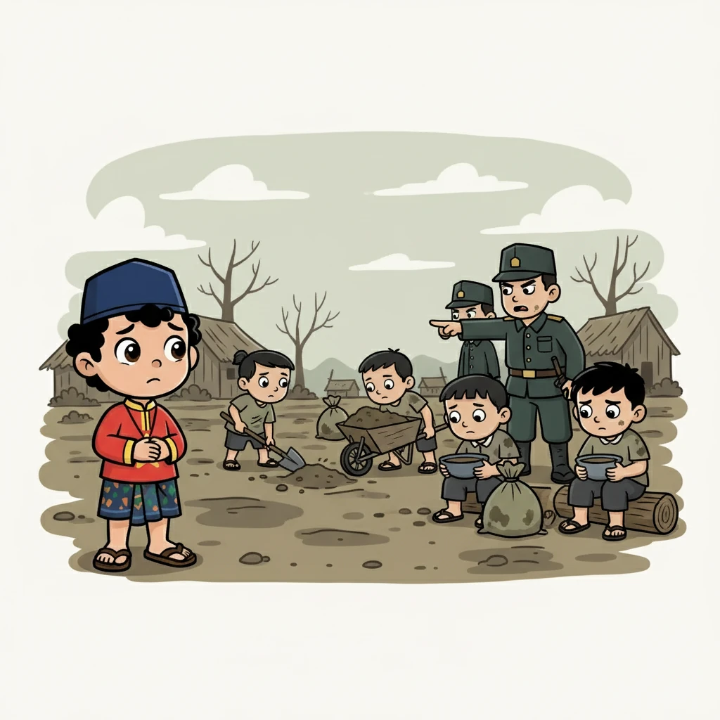 Joko melihat teman-temannya dipaksa bekerja keras untuk Jepang. Mereka bekerja tanpa henti, dengan sedikit makanan dan istirahat. Wajah-wajah lelah dan putus asa menjadi pemandangan sehari-hari.