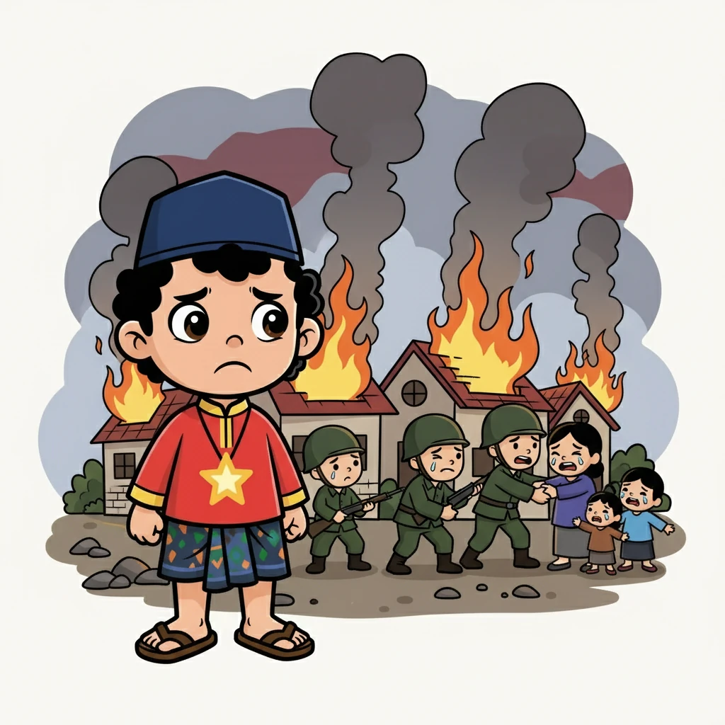 Joko menyaksikan kekejaman tentara Jepang terhadap warga sipil. Rumah-rumah dibakar, keluarga dipisahkan, dan keadilan menjadi barang langka. Kemarahan dan kesedihan memenuhi hatinya.