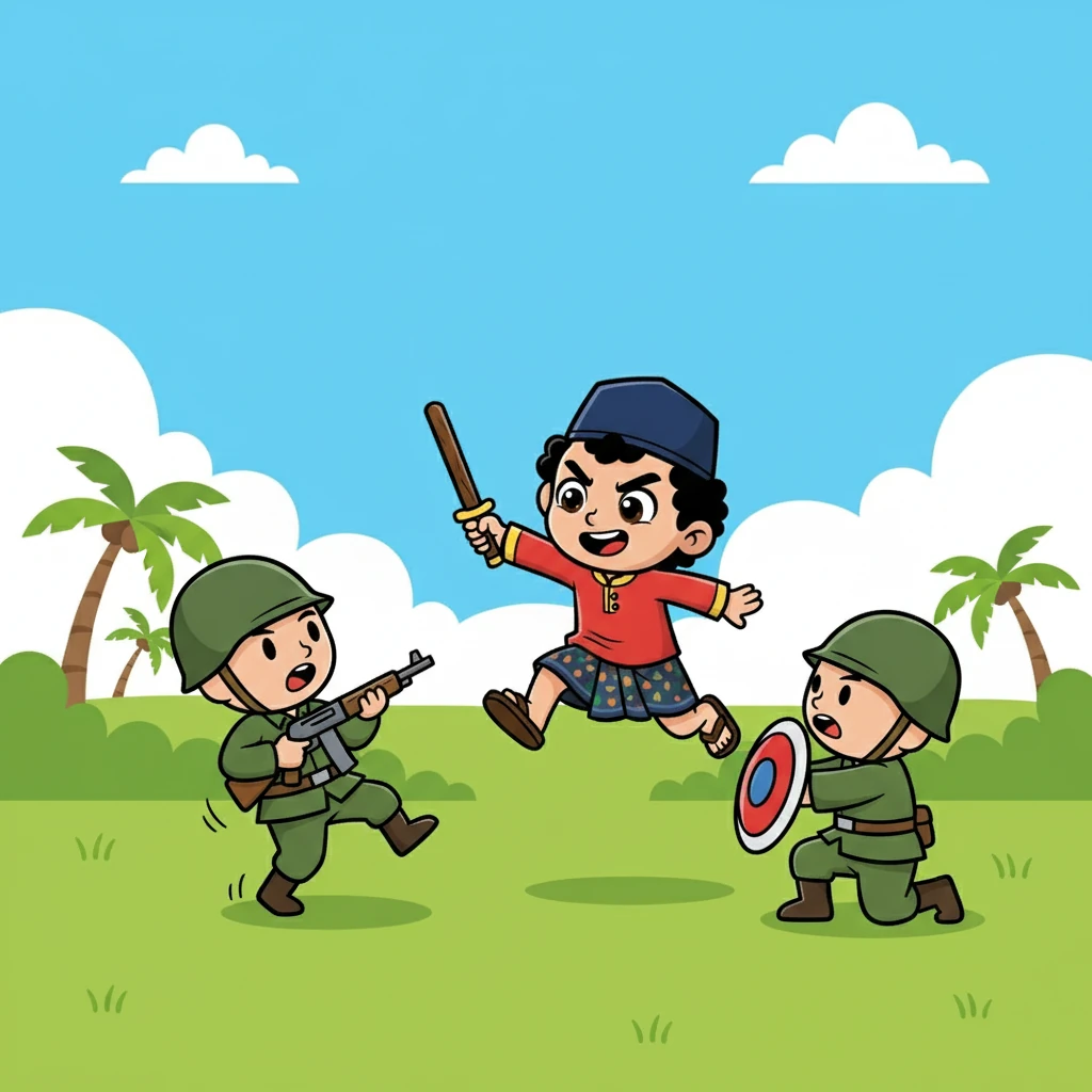 Joko, dengan tekad yang membara, terlibat dalam pertempuran kecil melawan tentara Jepang. Ia berjuang untuk membela tanah airnya, meskipun tahu risikonya sangat besar. Semangat juangnya tak pernah padam.