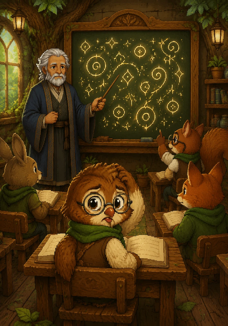 Leo is a small owl with big, curious eyes who attends the Great Oak School in the heart of the forest. While his friends easily read the glowing runes on the chalkboard, Leo feels like the symbols are swirling in a confusing dance.