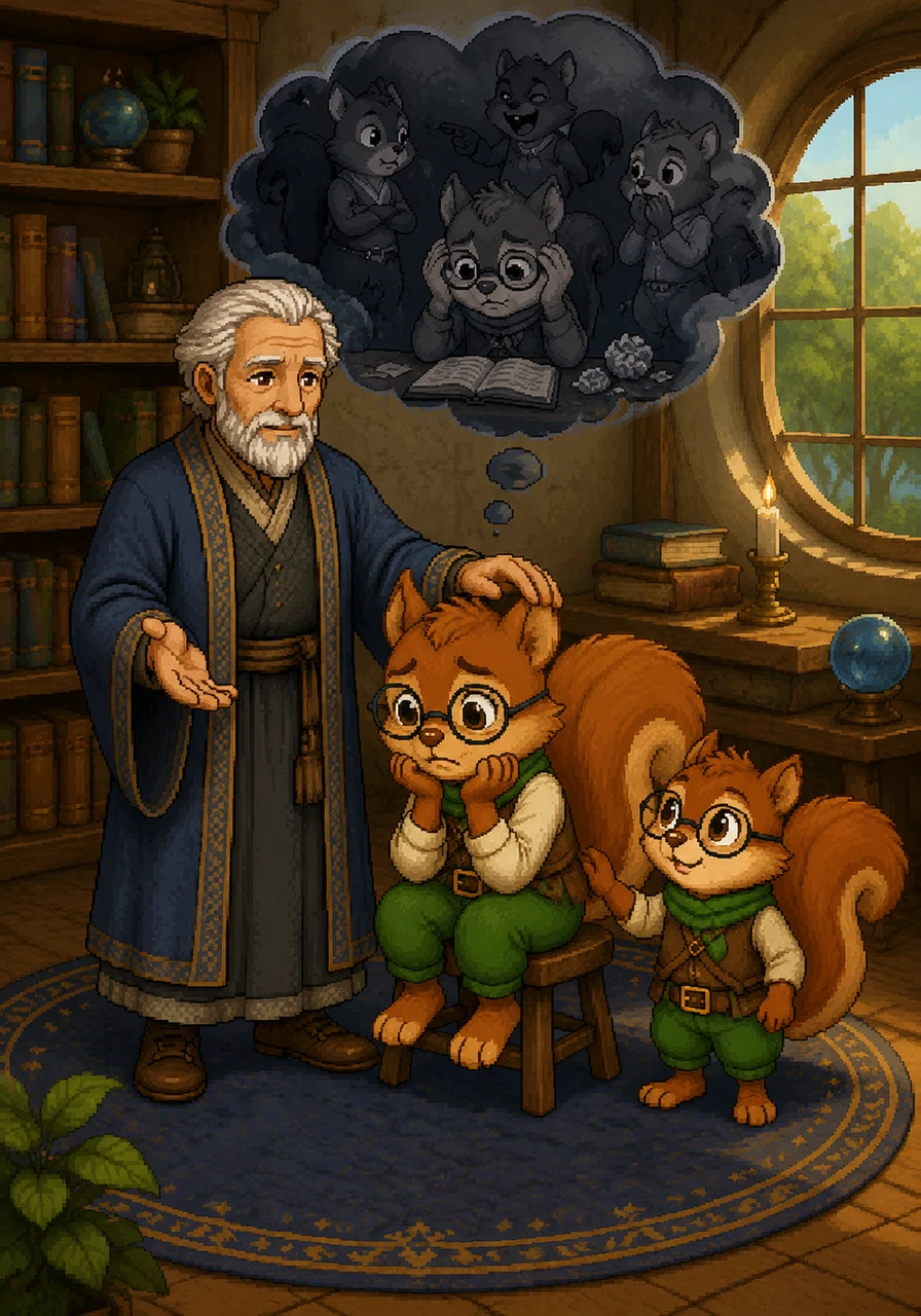 Some mornings, Leo feels a heavy cloud of anxiety and worries about making mistakes in front of his friends. Master Silas explains that these big feelings are common companions to learning struggles and helps Leo find his calm again.