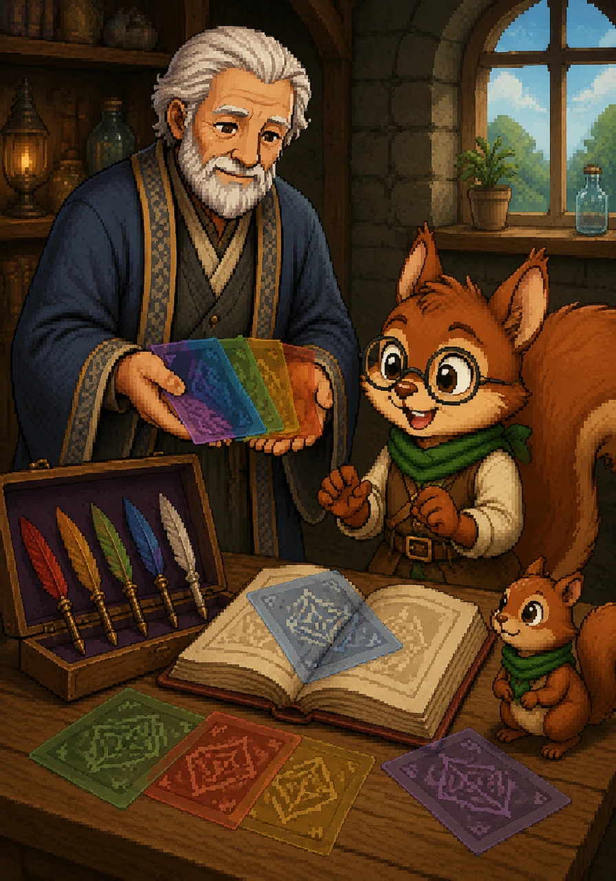 Master Silas gives Leo a set of magical colored overlays and textured quills to help him focus on the runes. These specialized tools are part of a plan designed just for Leo to help him bridge the gap in his learning.
