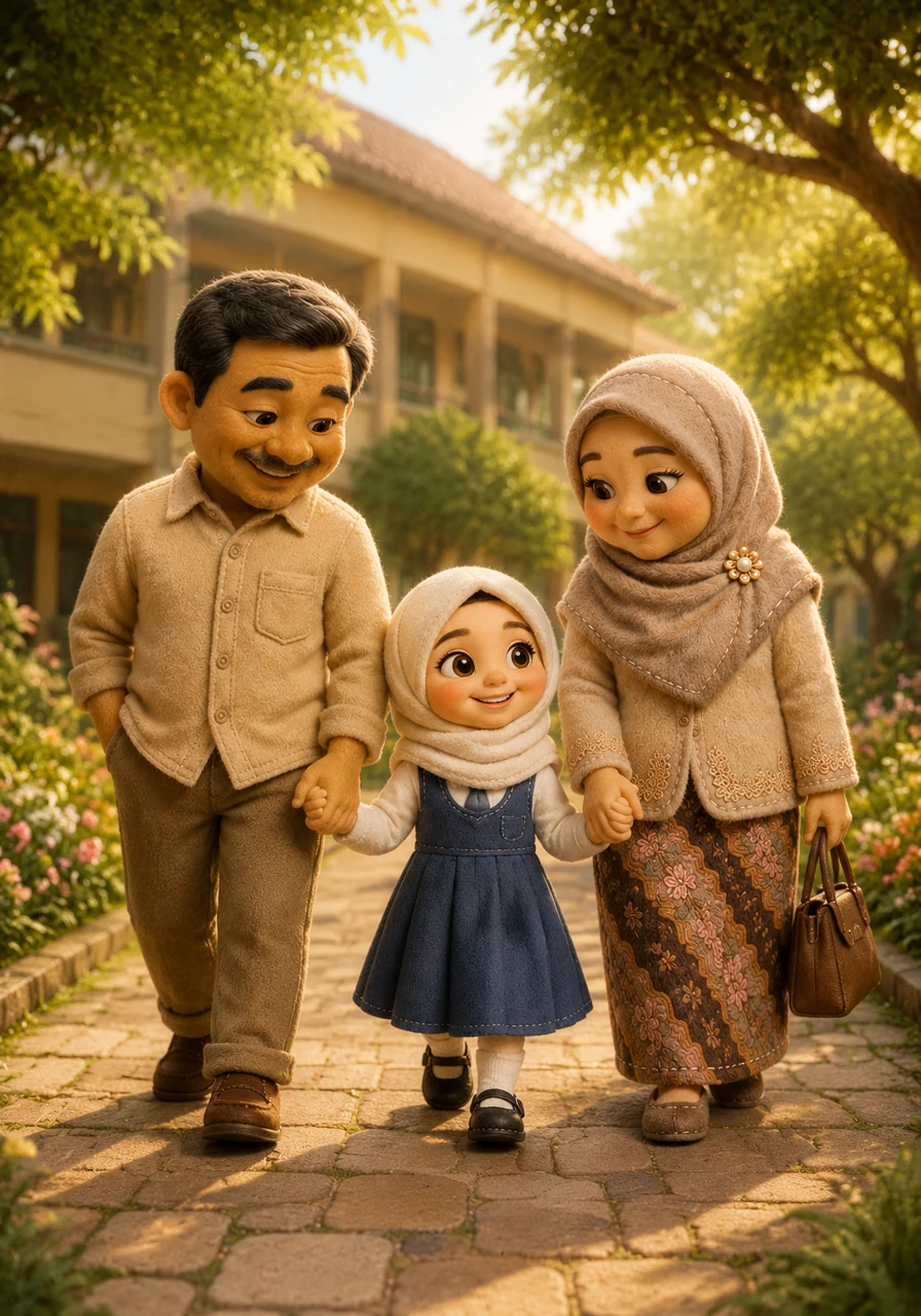 Matahari pagi bersinar cerah di atas MI Wakhid Hasyim, sebuah sekolah yang dikelilingi oleh pepohonan hijau yang rindang dan taman bunga yang asri. Hafsoh berjalan riang di jalan setapak sekolah, menggandeng erat tangan Ayah Wakhid dan Ibu Rina. Hari ini adalah hari yang sangat istimewa karena ayah dan ibunya sengaja meluangkan waktu bersama untuk mengambil rapor hasil belajarnya.