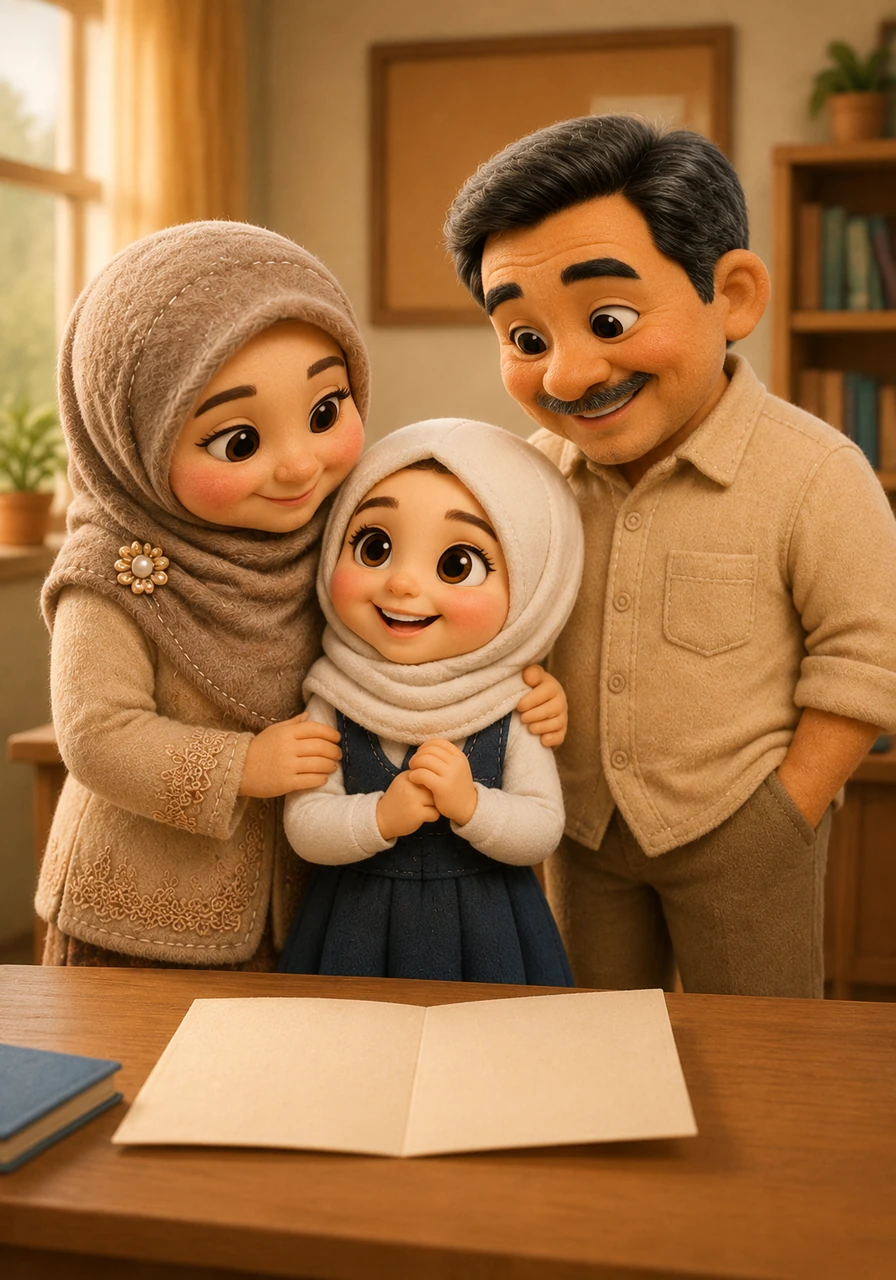 Ketika Bu Istiqomah menunjukkan nilai-nilai Hafsoh yang sangat baik, Ibu Rina spontan merangkul pundak Hafsoh dengan penuh kasih sayang. Ayah Wakhid mengangguk-angguk bangga dan memberikan tatapan penuh apresiasi kepada putri tercintanya. Hafsoh merasa seluruh kerja kerasnya saat belajar di kelas dan di rumah terbayarkan seketika.