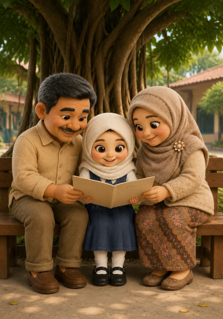 Setelah keluar dari ruang kelas, Hafsoh membawa ayah dan ibunya ke bawah pohon beringin yang besar dan rindang di halaman sekolah. Di sana, mereka bertiga duduk bersama di bangku kayu sambil membuka kembali lembaran rapor tersebut. Hafsoh merasa sangat beruntung karena memiliki orang tua yang selalu mendukungnya dalam keadaan apa pun.