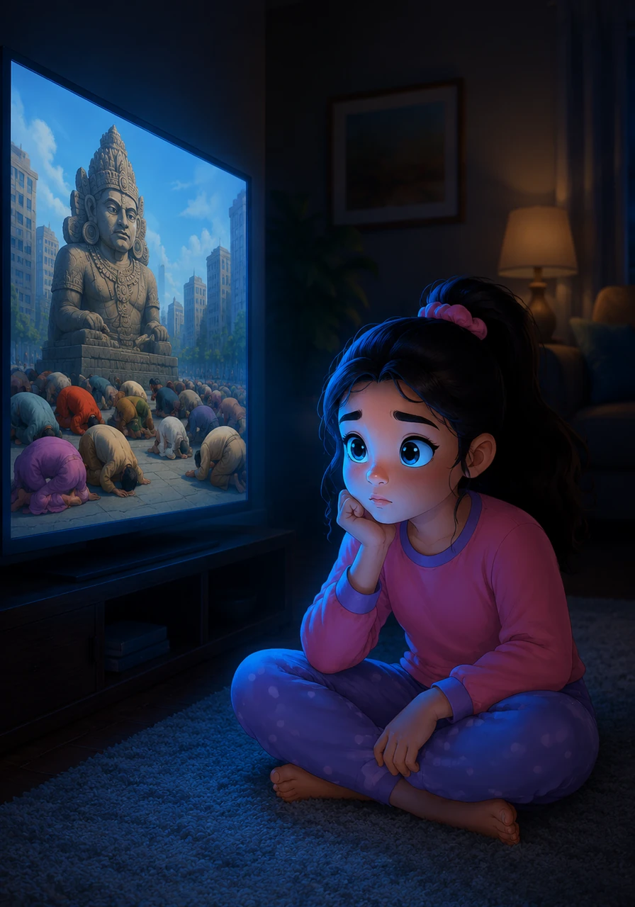 Karla sits on the carpet in the dimly lit living room, her eyes wide as she watches a screen displaying images of people from various backgrounds bowing before a stone idol. She feels a sense of confusion and curiosity, wondering why civilized people in a big city would speak their problems to a piece of stone. The soft blue glow of the television illuminates her thoughtful face.