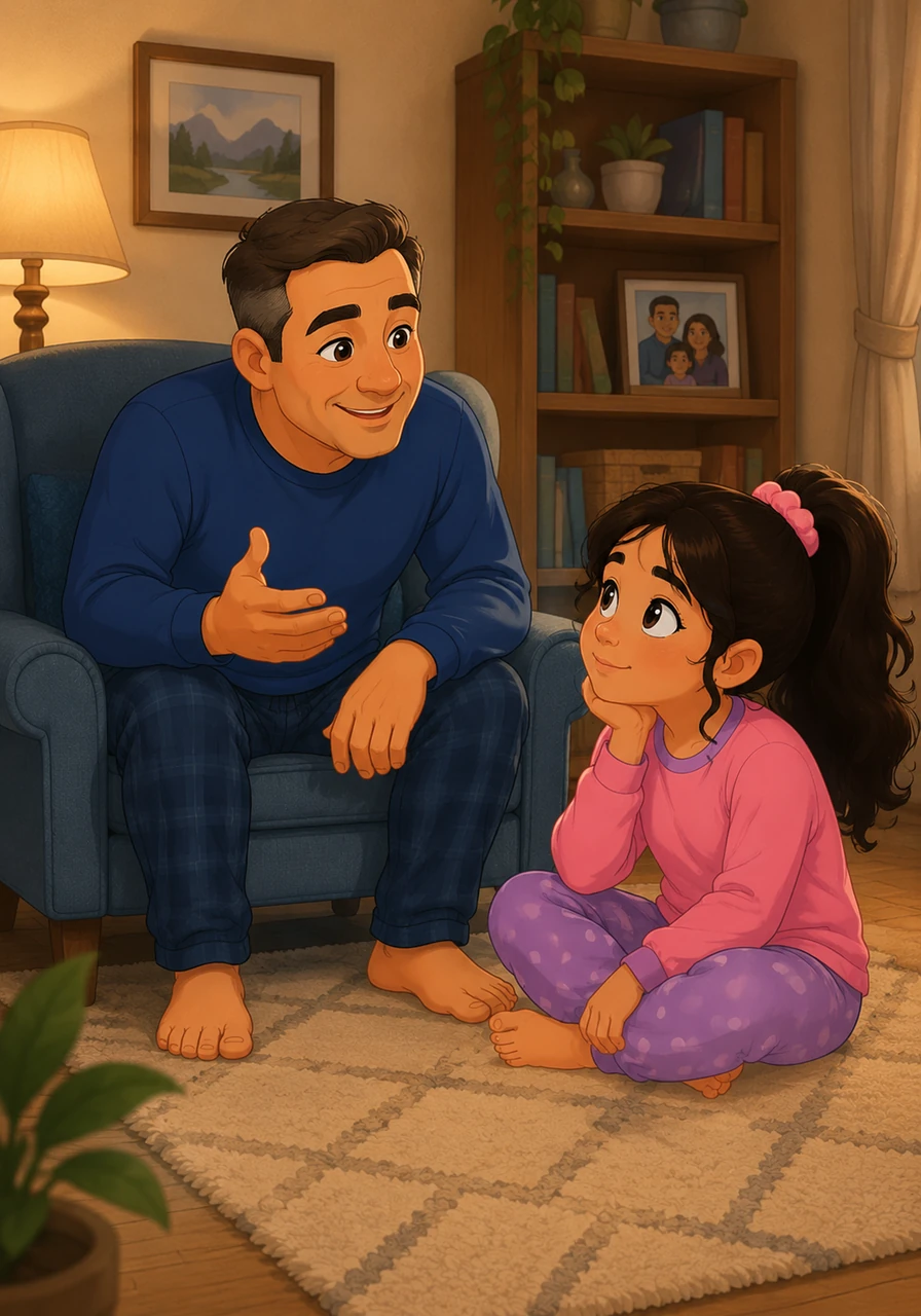Her father sits comfortably in his chair, leaning forward to gently explain that while many people search for meaning, the Bible teaches there is only one true God. He describes how this God is the majestic Creator who fashioned the earth and every human being upon it. Karla listens intently, her chin resting in her hand as she processes these new concepts.