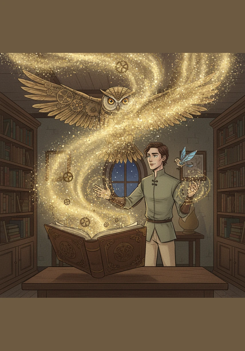 The spoken words suddenly transformed into shimmering golden dust, rising from the pages and swirling around the room like a miniature galaxy. Elias reached out his hand, watching as the glowing particles danced across his fingertips, pulling him into the heart of the story.