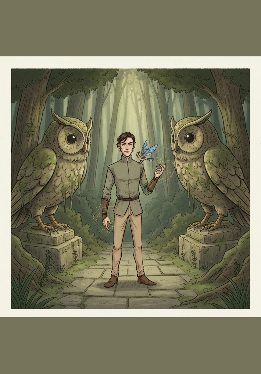 A small mechanical bird with wings made of sapphire glass fluttered down from a branch and landed gently on Elias’s shoulder. It chirped a rhythmic melody that guided him toward a path lined with ancient stone statues that seemed to lean in and listen to their passage.